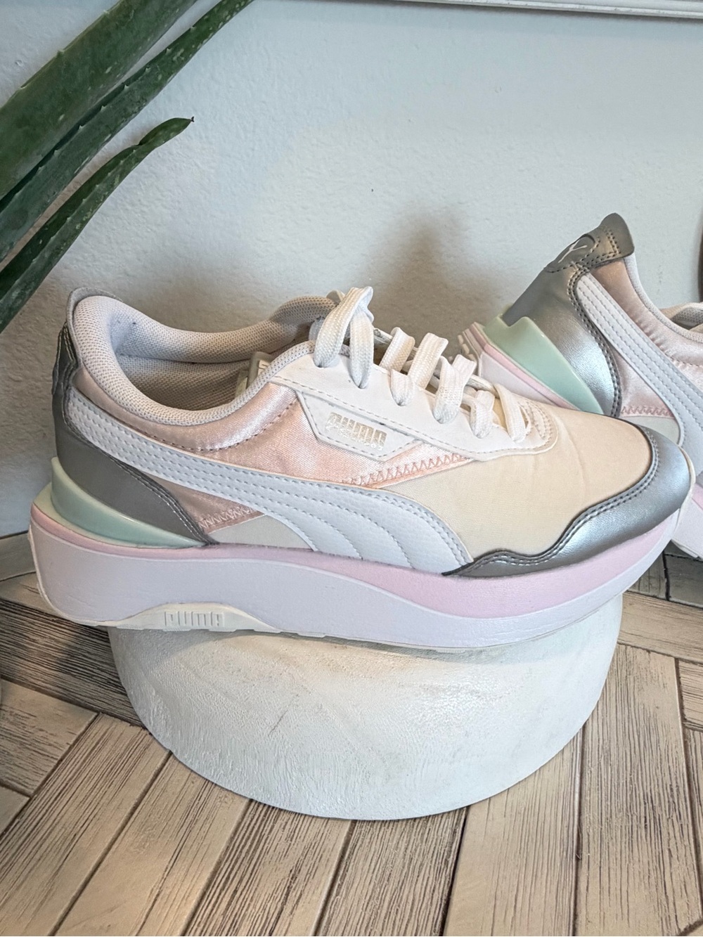 Puma Women's Platform Sneakers in Pastel Pink, Silver & Cream